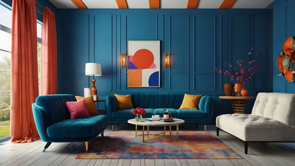 Bold Maximalist Living Room with Blue Couch
