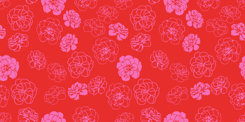 Pink Abstract shapes buttercups, pansies flowers seamless pattern on a orange background. Unique contour silhouettes, lines, outlined floral print. Vector hand drawn. Plain nature ornament for designs