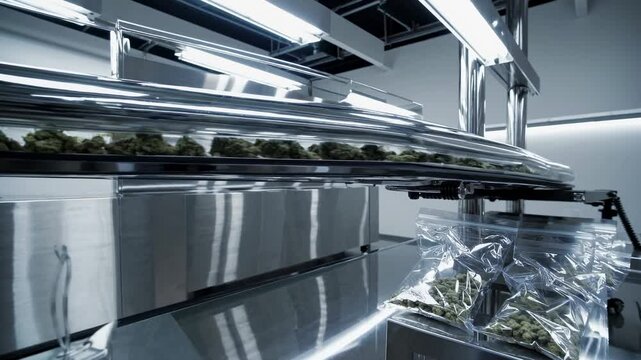 Cannabis Buds Moving On Conveyor Belt In Legal Processing Facility, CBD Industry Video 4K