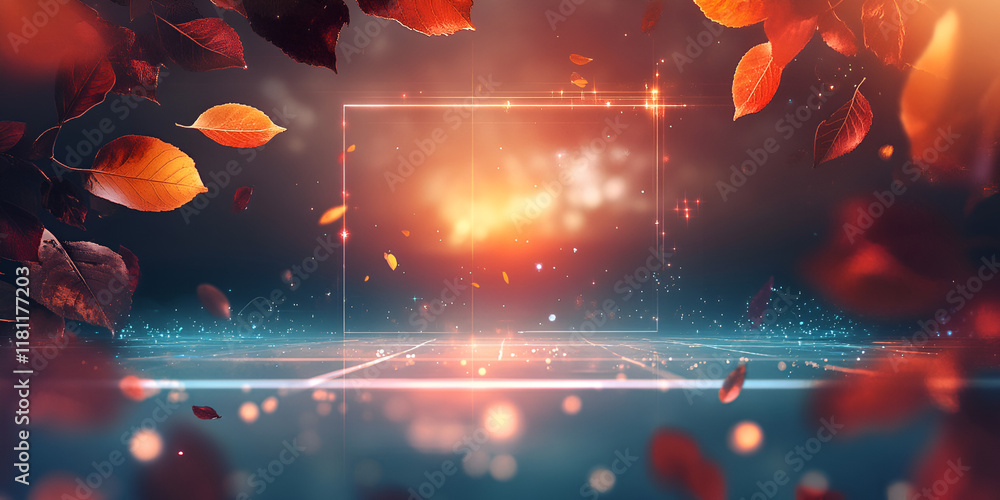 Canvas Prints autumnal digital portal: falling autumn leaves frame a glowing digital portal, creating a magical an
