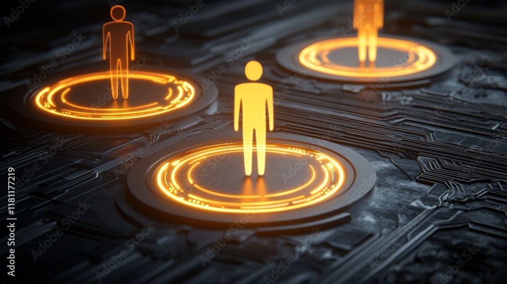Poster intricate computer circuit board with miniature human figure, a closeup examination of technological