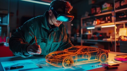 A virtual designer engrossed in creating a futuristic car model. He uses VR technology to visualize and refine every detail of his innovative project. Generative AI