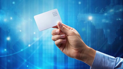A hand holding a blank credit card on a blue background with subtle financial symbols and textures , secure payment, monetary system