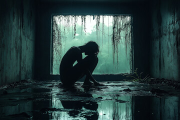A solitary figure sitting in an empty, dark room, hunched in despair with rain outside, reflecting the emotional burden and isolation of depression.