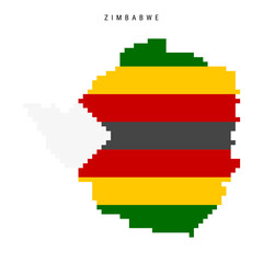 Zimbabwe pixel flag map icon. 8 bit pixel art Zimbabwean map covered with flag. Flat vector illustration isolated on white background.