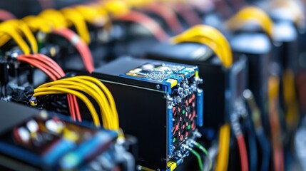 Close-Up of High-Tech Mining Equipment with Colorful Cables and Circuit Boards, Showcasing Advanced Technology and Connectivity in Modern Cryptocurrency Operations
