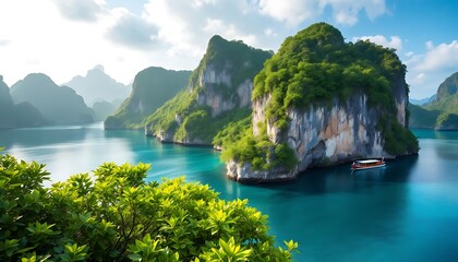 Fototapeta premium Serene Tropical Bay with Lush Green Islands and a Boat: An Idyllic Getaway in a Picturesque Setting