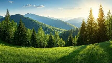Breathtaking vista, verdant field, towering mountains and serene trees under a vast sky