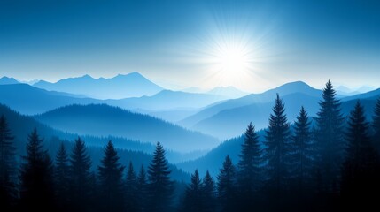 Fototapeta premium Breathtaking vista of majestic mountain peaks and lush green pine trees in a serene landscape.