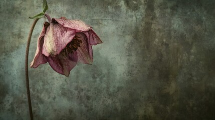 A photograph of a wilted drooping flower in a small neglected garden symbolizing the themes of loss despair and melancholy The muted colors and faded