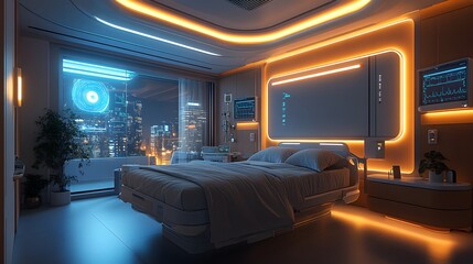 Smart hospital room featuring AI-driven patient monitoring systems, seamless connectivity, and glowing panels