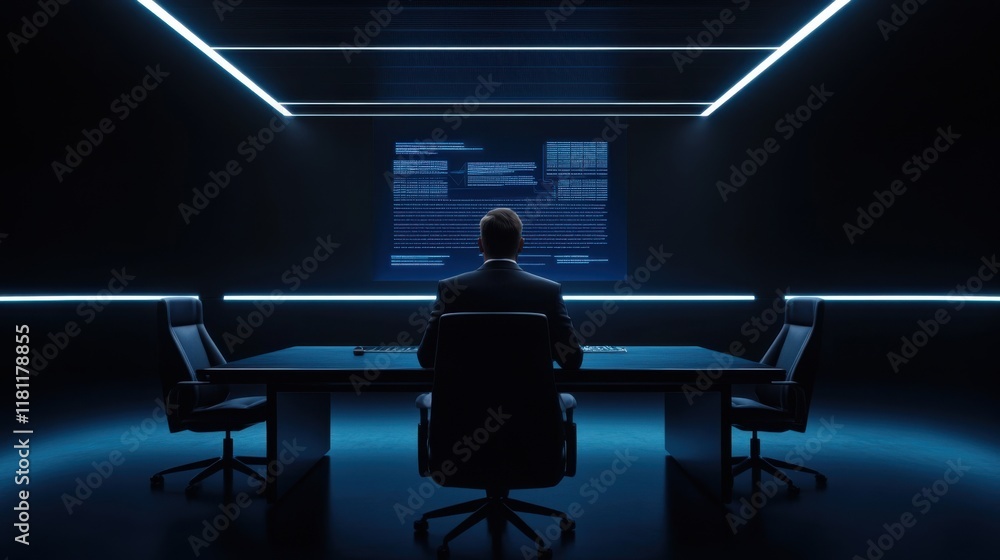 Poster businessman at modern desk in high-tech office with digital screen displaying data and charts