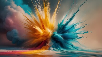 Striking abstract image showcasing two vividly colored water splashes colliding in dramatic kinetic motion, blending colors beautifully in a vibrant and conceptual portrayal of motion and creativity.