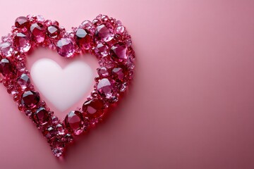 Fototapeta premium Elegant Valentine's Day Frame with Sparkling Red Gems Surrounding a Soft Heart Shape on a Light Pink Background Perfect for Romantic Themes