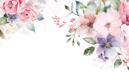 Beautiful pink rose and alstroemeria flowers in a bouquet watercolor green leaves background

