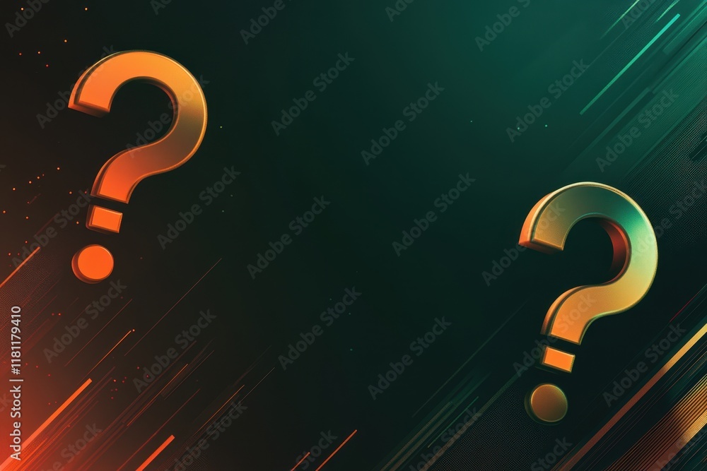Poster abstract background with golden question marks: enigma and inquiry in digital space