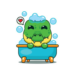 Crocodile taking bubble bath in bathtub cartoon vector illustration
