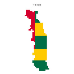 Togo pixel flag map icon. 8 bit pixel art Togolese Republic map covered with flag. Flat vector illustration isolated on white background.