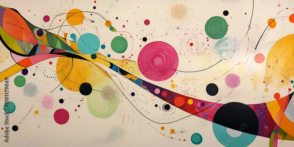 Poster abstract whimsy: a vibrant explosion of color and form. swirling lines dance with playful circles, c