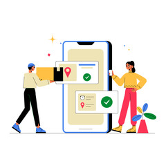 Delivery Service App With Male And Female Characters In Flat Vector Illustration Symbolizing Logistics, Order Tracking, And Shipment, Isolated On White Background.