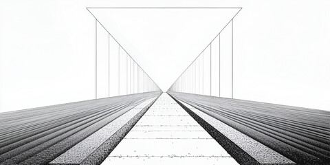Perspective Bridge: Monochromatic drawing of a bridge vanishing point, architectural sketch, linear perspective, graphic design, geometric, minimalist, abstract, modern art, contemporary art.