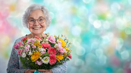 A cheerful elderly woman with white curly hair wearing glasses holding a large bouquet of colorful flowers with a dreamy background
