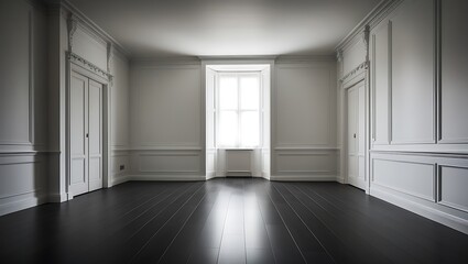 Empty perspective of white empty room and dark laminate floor,classic interior style