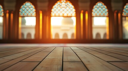 Fototapeta premium Wooden floor with blurred mosque background.