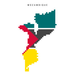 Mozambique pixel flag map icon. 8 bit pixel art Mozambican map covered with flag. Flat vector illustration isolated on white background.