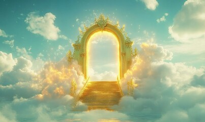 Golden gate in clouds with stairs, heaven concept, fantasy background, spiritual image.