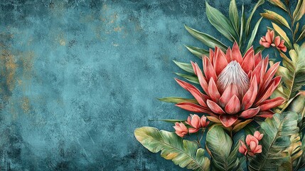 Obraz premium King Protea Botanical Painting: Red and Green Floral Artwork, Exotic Tropical Bloom, Vibrant Nature Illustration, Luxury Summer Decor