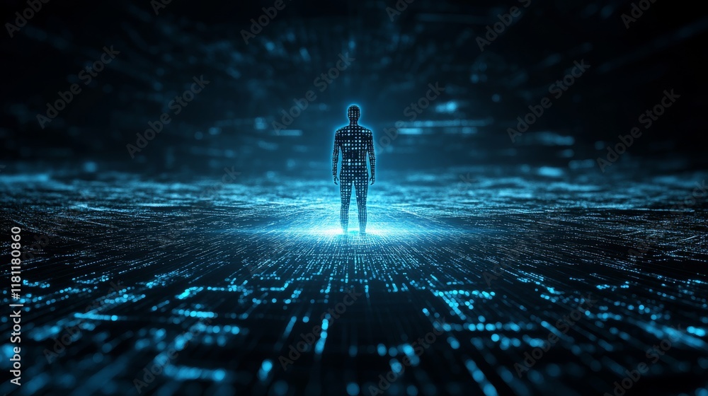 Poster man in front of dynamic digital backdrop, a vibrant and modern visual scene