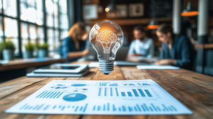 Brilliant Idea: Glowing Brain Bulb Over Business Data 