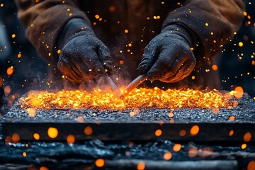 Gloved Hands Forging Metal in Fiery Embers