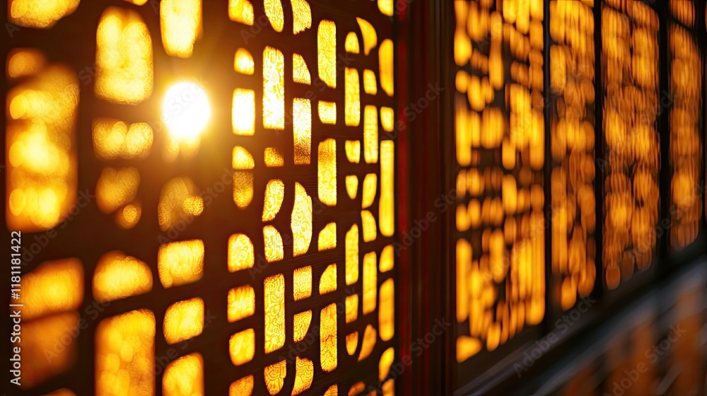 Poster chinese new year lighting concept. beautiful sunlight filtering through intricate architectural latt