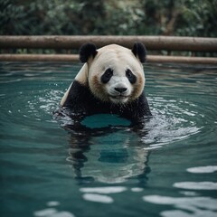Fototapeta premium A panda swimming in a small pool.