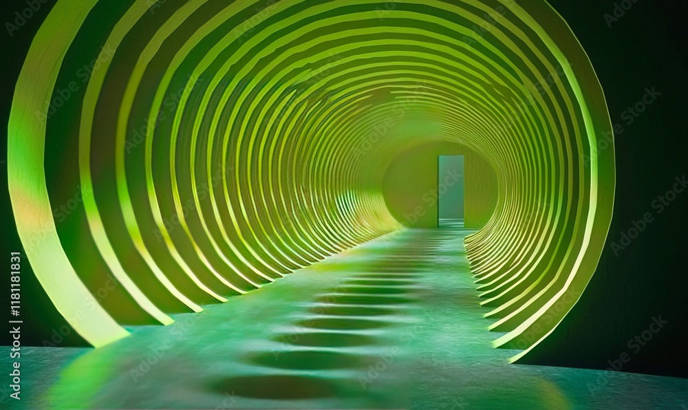 Poster green tunnel with circular pattern, light and shadow play, ideal for futuristic or abstract backgrou