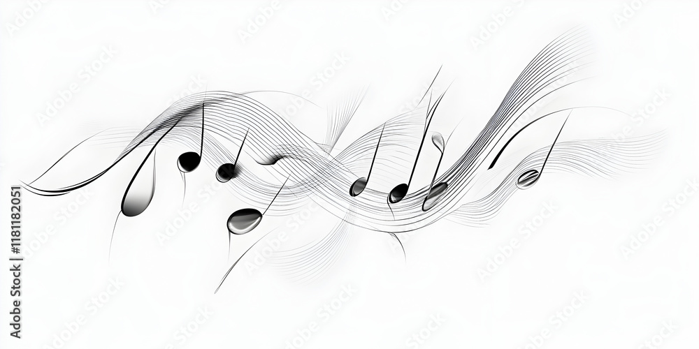 Poster musical wave: abstract grayscale illustration of musical notes flowing like a wave, creating a sense