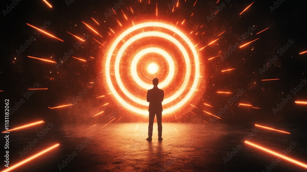 Poster man illuminated by large circular light fixture in a dark room