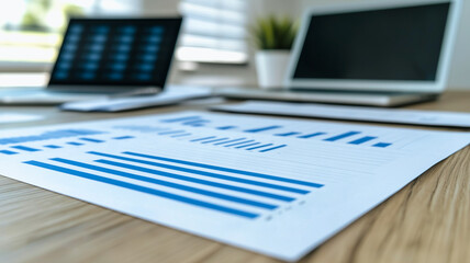 Analyzing Business Growth: Detailed financial charts and graphs on a desk alongside laptops, symbolizing progress and strategic planning.  