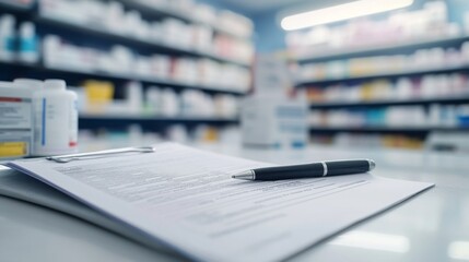 Pharmacy workspace featuring a prescription pad and a pen. Organized shelves filled with medications create a professional ambiance. This image enhances healthcare topics. Generative AI