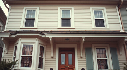 Obraz premium Beige Clapboard House with Double-Hung Windows and Bay Window