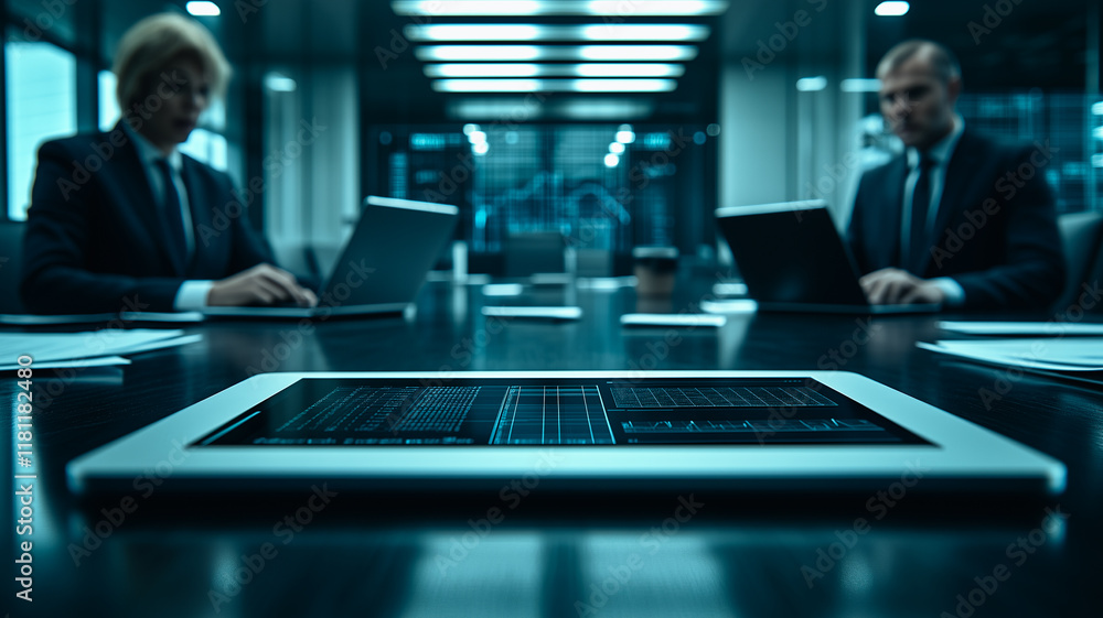 Poster the digital strategy: a low angle shot of a tablet displaying a data stream, positioned in the foreg
