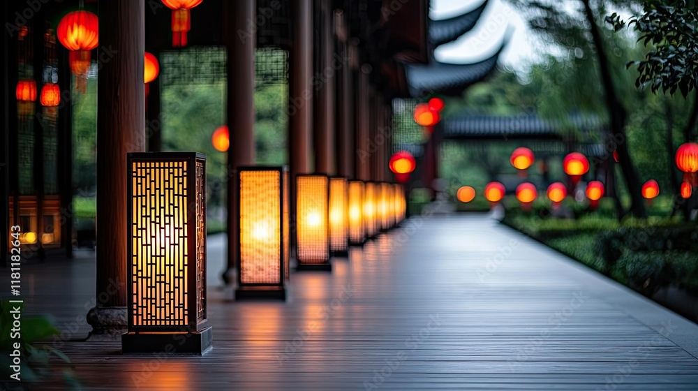 Poster chinese new year lighting concept. illuminated pathway adorned with lanterns in a tranquil garden se