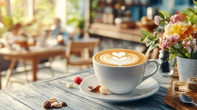 Cup of cappuccino with latte art and coffee beans on wooden table - Powered by Adobe