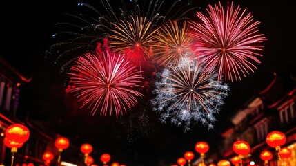 Chinese new year fireworks idea. Vibrant fireworks illuminate the night sky during a festive celebration with glowing lanterns.
