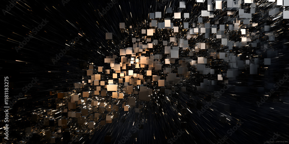 Poster abstract 3d cube explosion: a mesmerizing vortex of golden and silver cubes explodes outwards in a c