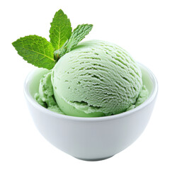 Mint Ice Cream Scoop in Bowl on transparent PNG background.