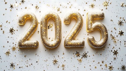 Clean white background featuring 2025 made from elegant glass numbers surrounded by faint sparkles and subtle gold accents evoking a New Years celebration