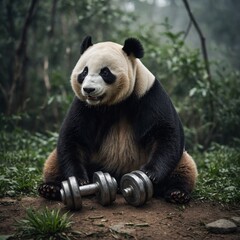 Fototapeta premium A panda in workout gear lifting tiny dumbbells.